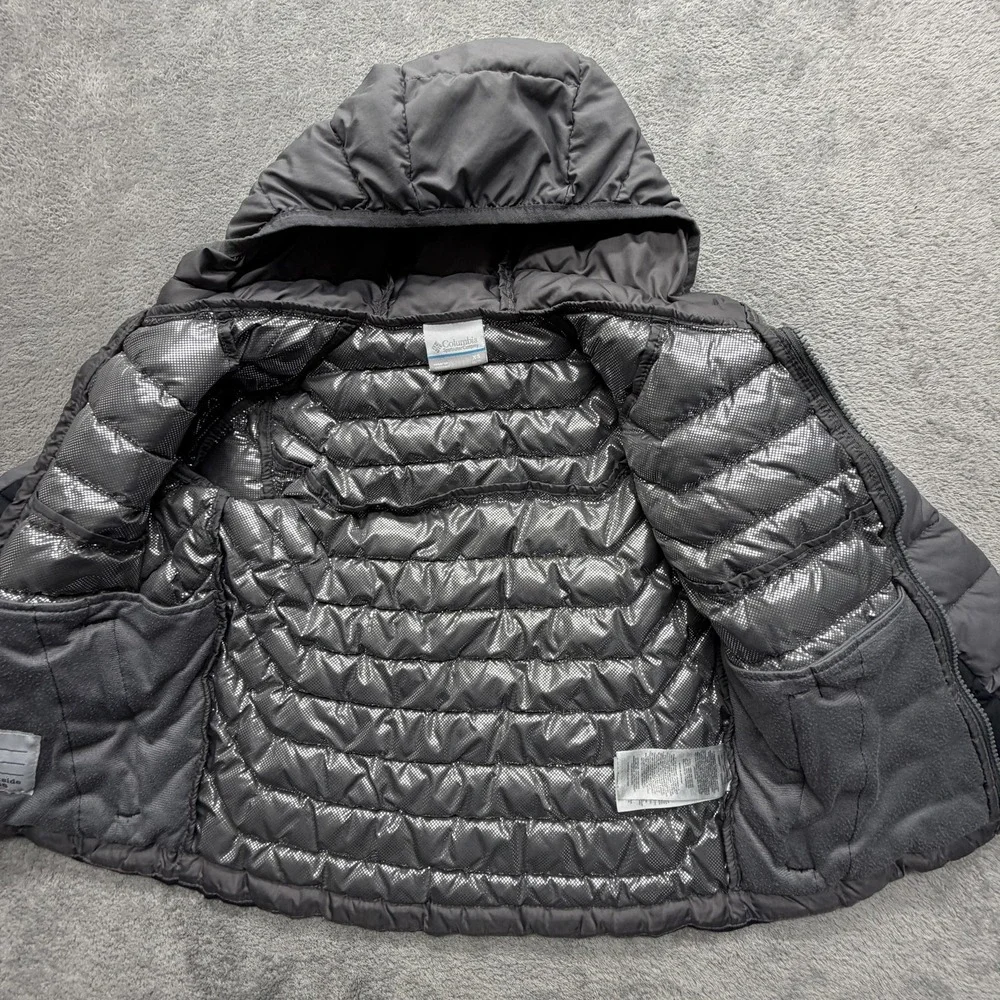 Columbia Jacket Youth 6 Black Gray Hooded Puffer Omni-Heat Insulated Full Zip‎